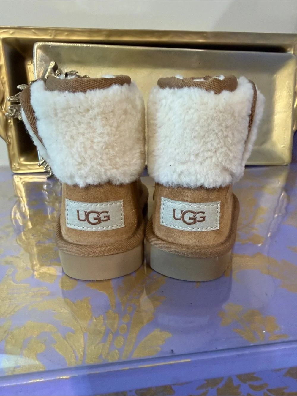 UGG Chestnut Suede Shearling Cuff Kids Slippers